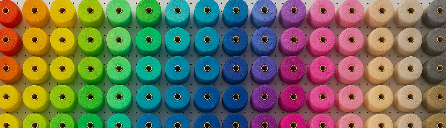 Colorful spools of thread arranged in a grid pattern
